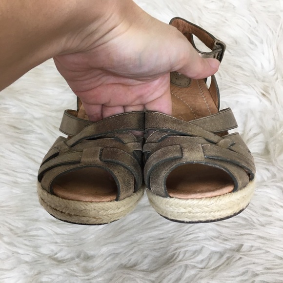 Leather Peep Toe Wooden Espadrille Fossil Wedges - Picture 5 of 8